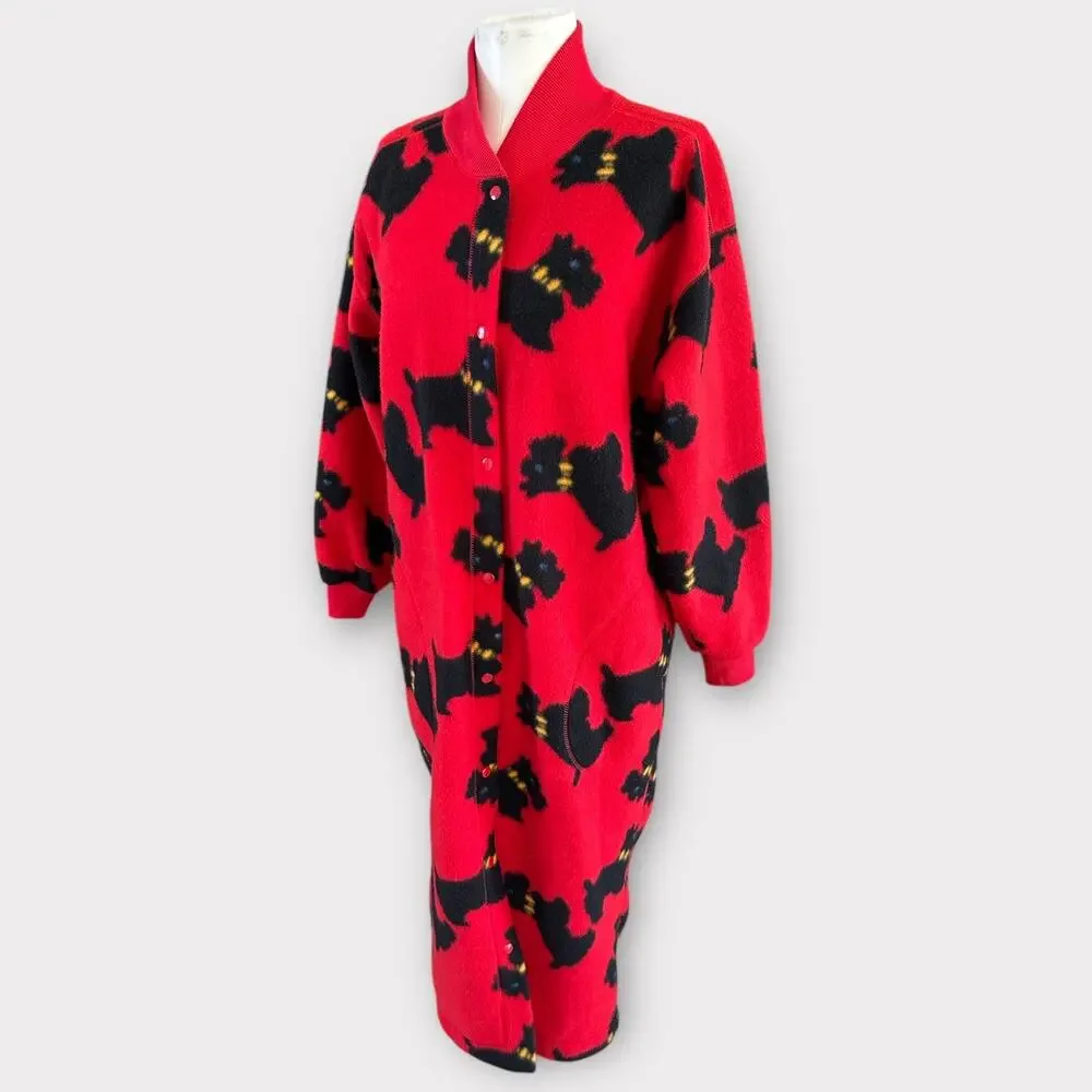 Vintage Scottish Terrier Fleece Robe Full Length Red Women's sz M Whimsical AOP